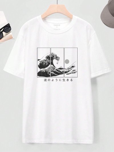 Men Japanese Letter & Wave Print Tee