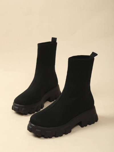 Ideal With Dress,Thick Soled, Wedge Heel, Knit, Sewing Thread, Solid Color, Comfortable, Casual, Daily, Non-Slip, Outdoor, Party, Fashionable, Winter Shoes Style, Stretchy Sock Boots For Women Shorts